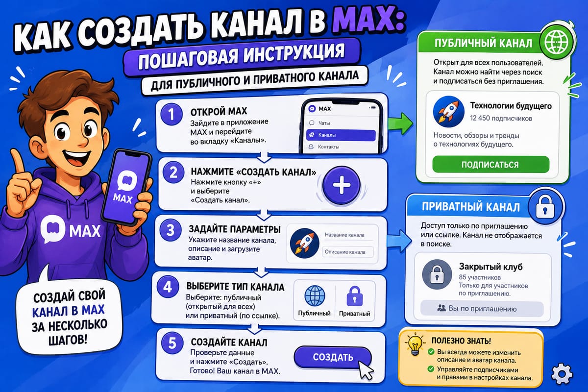 Как создать канал в MAX: пошаговая инструкция для публичного и приватного канала